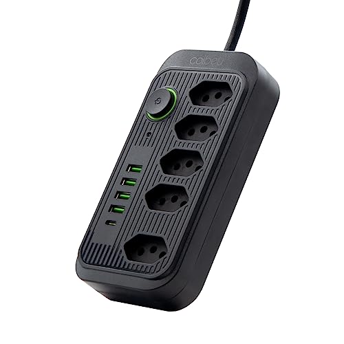 Extensão Tomada, Régua Tomada, Régua de Energia, 5 Tomadas, 4 Interfaces USB, 1 Porta USB Tipo-C, Cabo de Alimentação de 1,9 metros, Suporte a Tensão de 110-220V, Potência de 2500W (Preto)