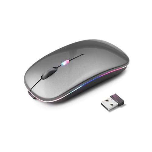 Mouse Sem Fio Premium Recarregável, Design Ergonômico, Clique Silencioso, Iluminação RGB Personalizável, Bluetooth 5.0 & Dongle USB, DPI Ajustável (Cor Cinza) - PREMIUM